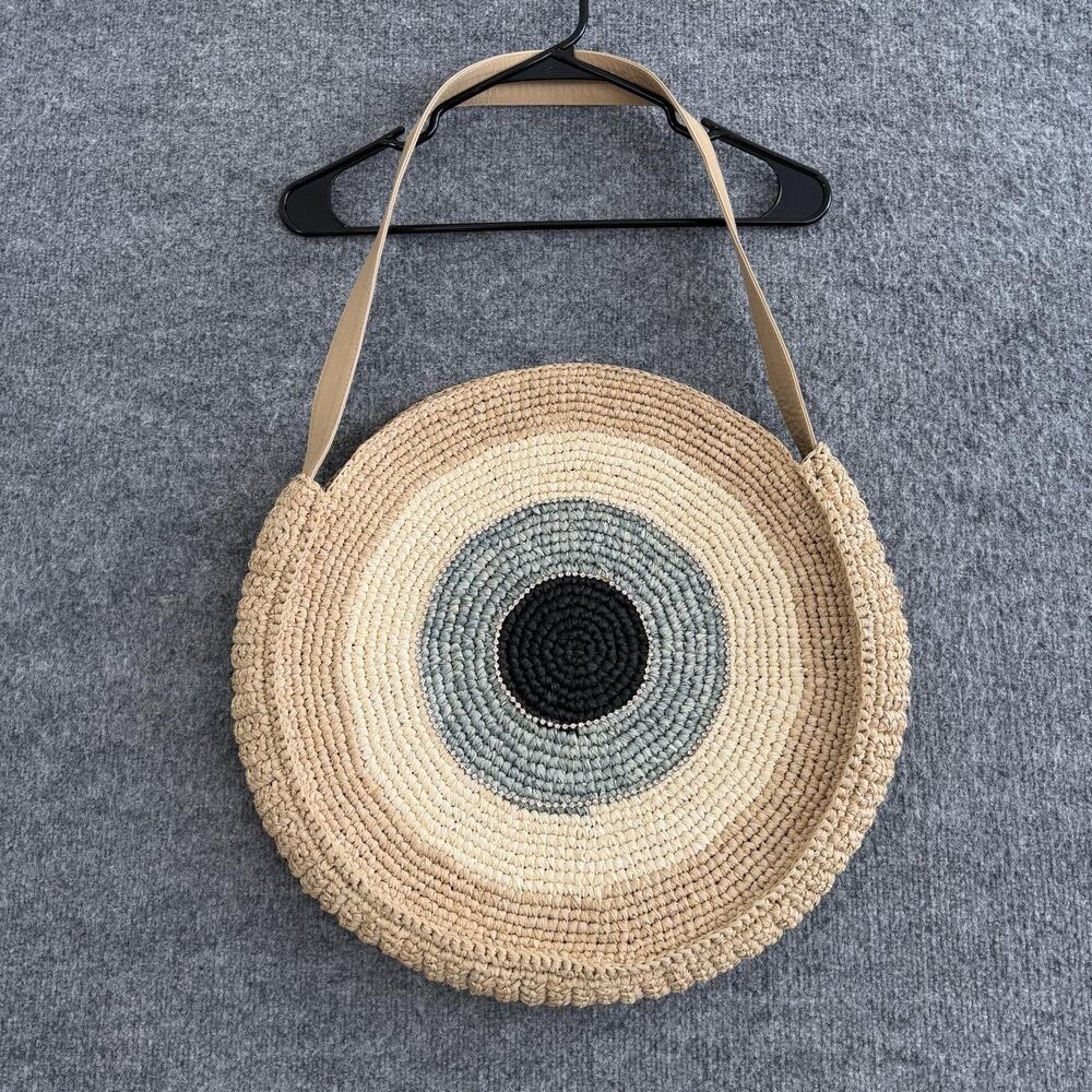 Skemo Round Straw Shoulder Bag Large Beige Evil Eye Rhinestone Boho Beach